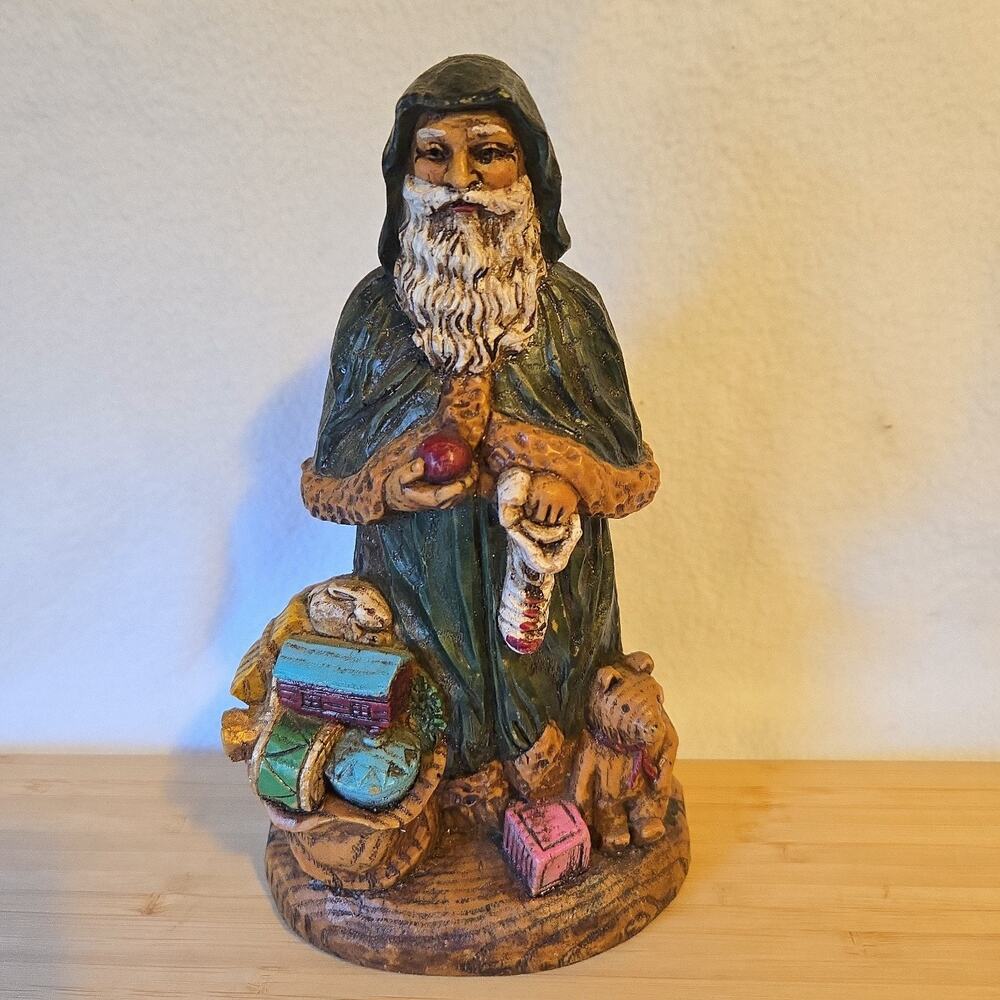 Vintage Old World Father Christmas Holiday Santa Claus Green Robe Resin Figurine